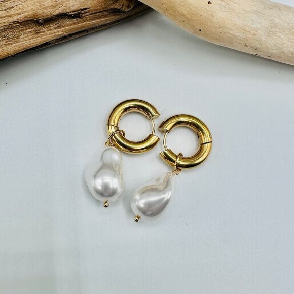 Baroque Pearl Gold Hoop Huggie Earrings 18K Stainless Steel - Picture 2 of 6